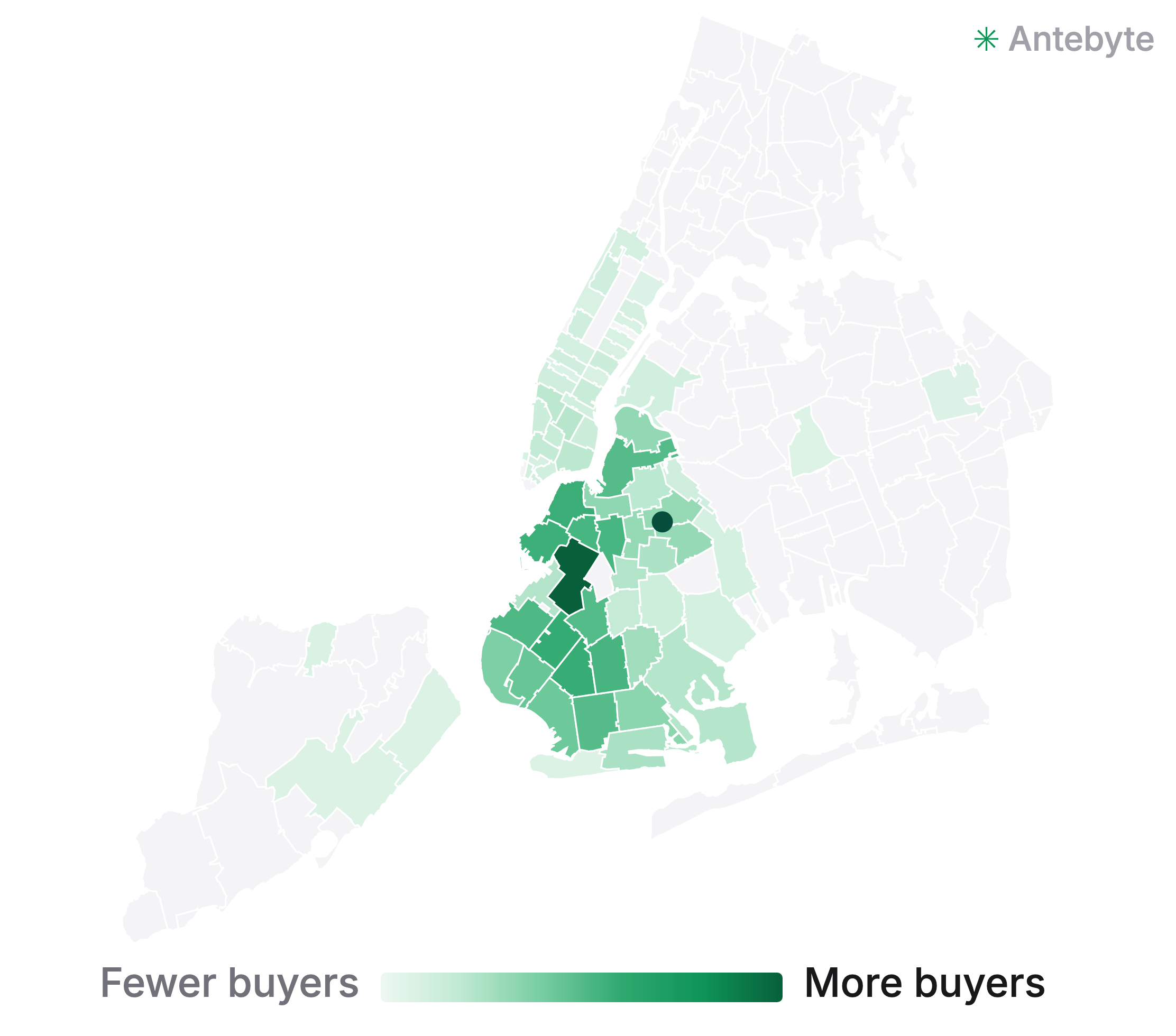 Map of New York City shaded by where buyers of comparable houses previously lived, for one live spot